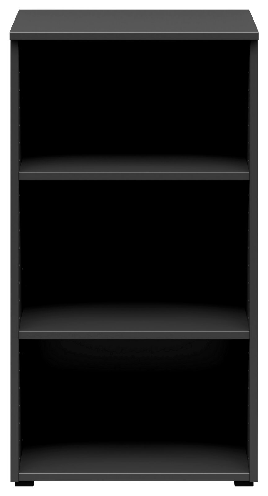 Schwarzes Regal mit drei offenen Fächern, frontale Ansicht