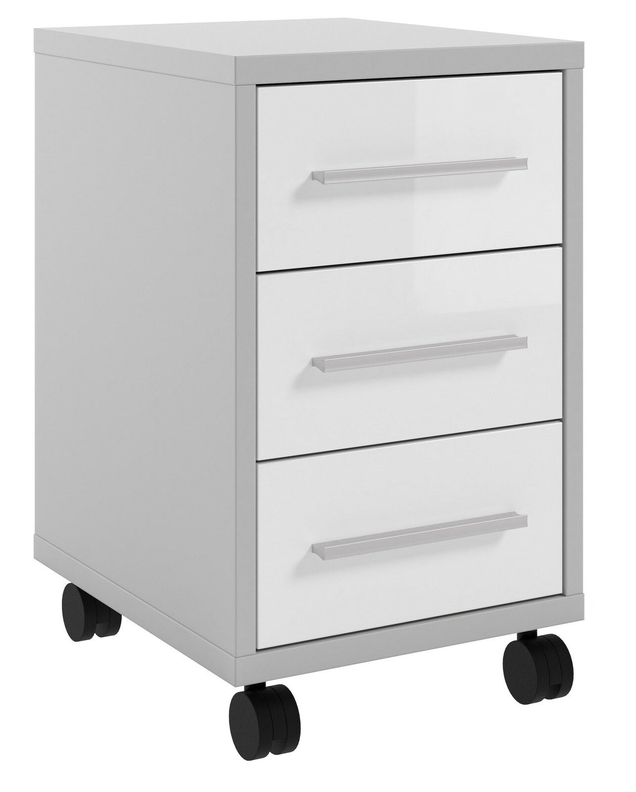 Manjana Rollcontainer -Glas- TEXAS Weißer Rollcontainer mit drei Schubladen und silbernen Griffen, auf vier schwarzen Rollen, seitliche Perspektive
