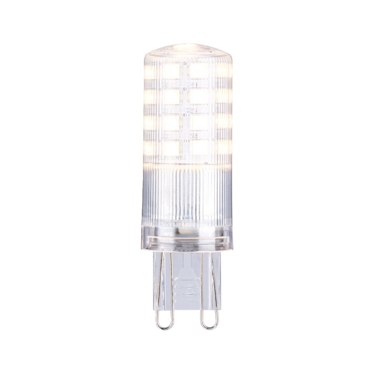 LED Leuchtmittel in Frontalansicht mit klarer, zylindrischer Form und sichtbaren LED-Dioden.