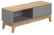 Modernes Lowboard aus Holz mit grauer Front, seitliche Perspektive