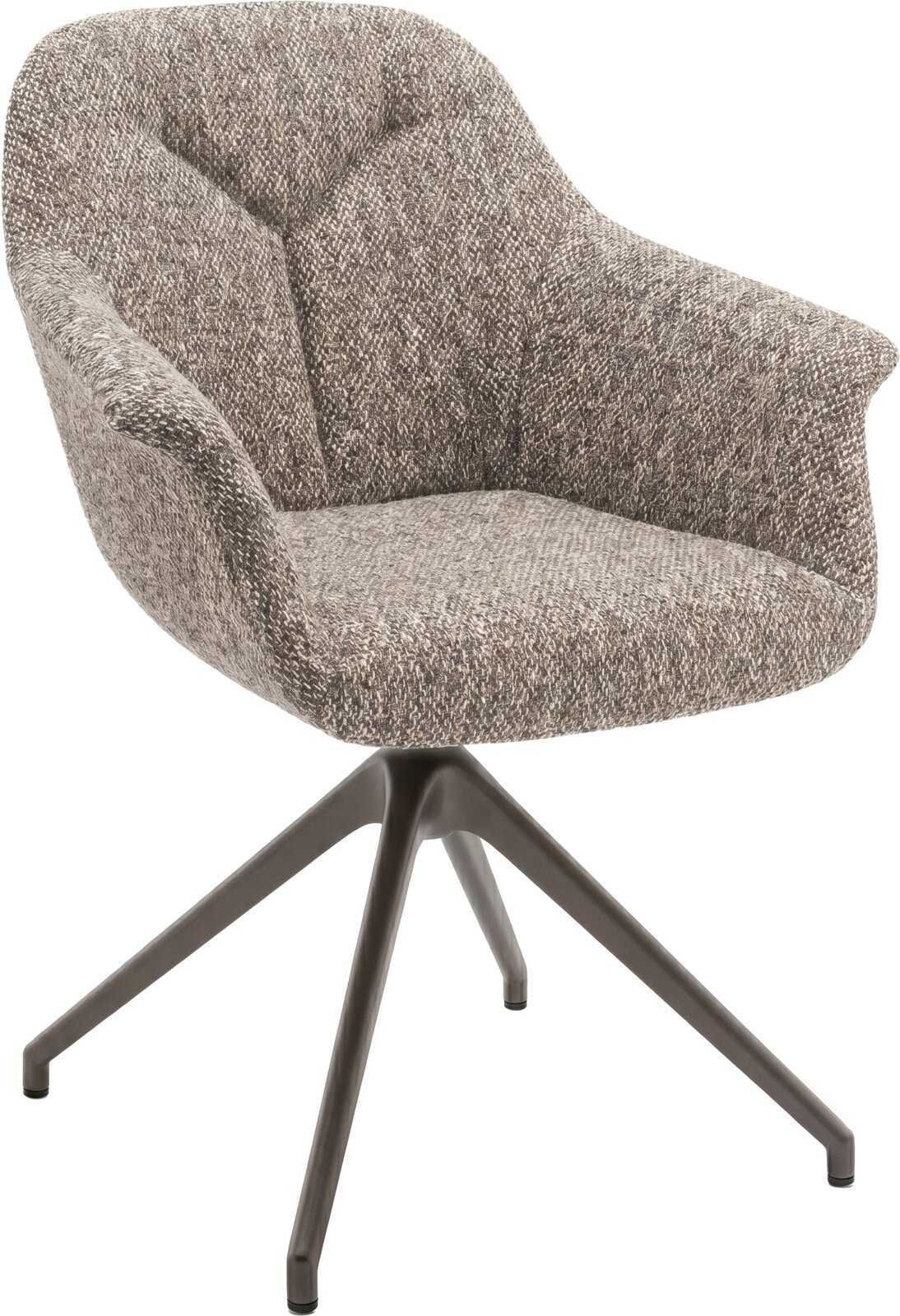 Moderne gestoffeerde draaistoel met armleuningen in gemêleerde grijs-beige bekleding en donker metalen vierpoot, schuin van voren gefotografeerd op witte achtergrond
