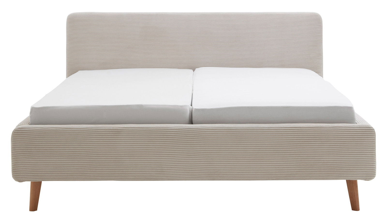 Frontale Ansicht eines Polsterbettgestells mit hellgrauem Stoffbezug und Holzfüßen.
