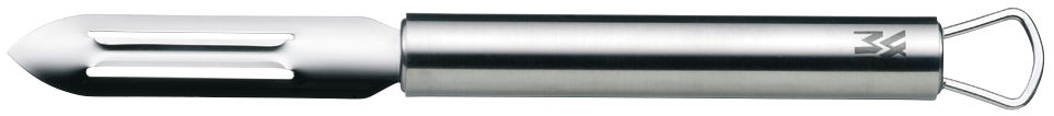 Edelstahl-Schäler in Seitenansicht mit ergonomischem Griff und scharfer Klinge.