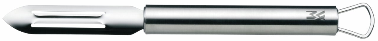 Edelstahl-Schäler in Seitenansicht mit ergonomischem Griff und scharfer Klinge.