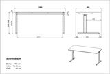 Technische Zeichnung eines Schreibtisches mit den Maßen: Breite 160 cm, Höhe 70-80 cm, Tiefe 80 cm. Ansicht von vorne und von der Seite.