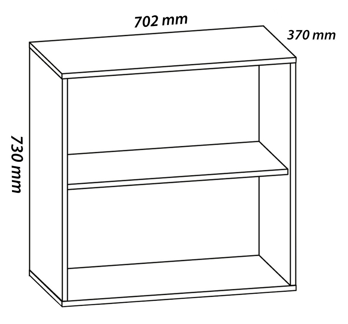Skizze eines offenen Regals mit zwei Fächern, Maße 702 mm Breite, 730 mm Höhe und 370 mm Tiefe, dargestellt in schräger Frontansicht (Perspektive von vorne links).