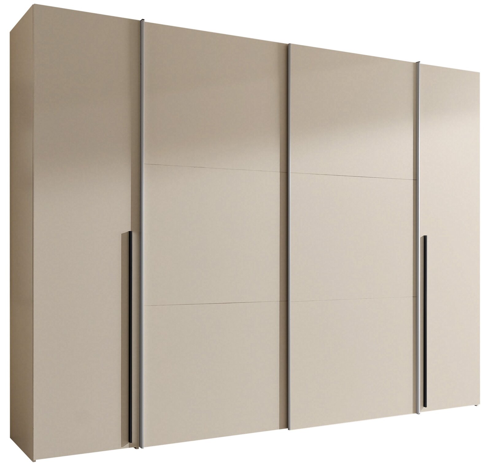 Beiger Kleiderschrank mit drei Schiebetüren und schwarzen Griffleisten, Ansicht schräg von vorn links