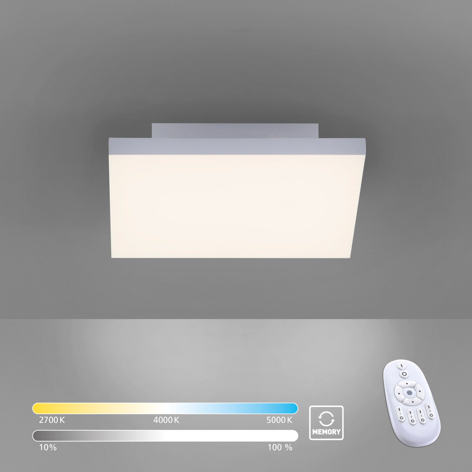 Weiße, rechteckige LED-Deckenleuchte in Frontansicht von unten an grauer Decke, mit Fernbedienung sowie einstellbarer Farbtemperatur (2700–5000 K) und dimmbarer Helligkeit (10–100 %) mit Memory-Funktion.