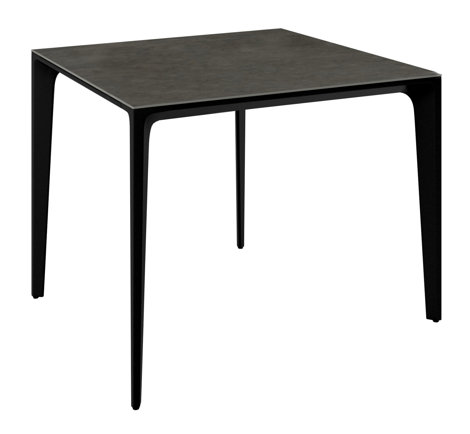 Moderner quadratischer Gartentisch aus dunklem Material, seitliche Perspektive