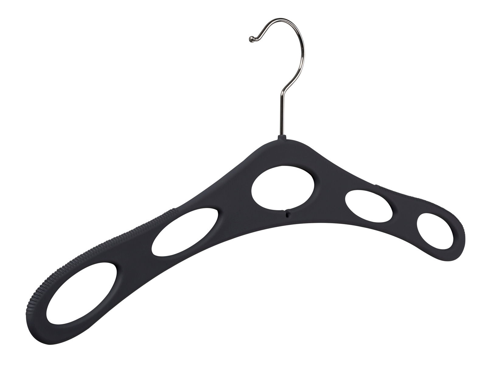 Schwarzer Kleiderbügel mit runden Aussparungen, seitliche Perspektive