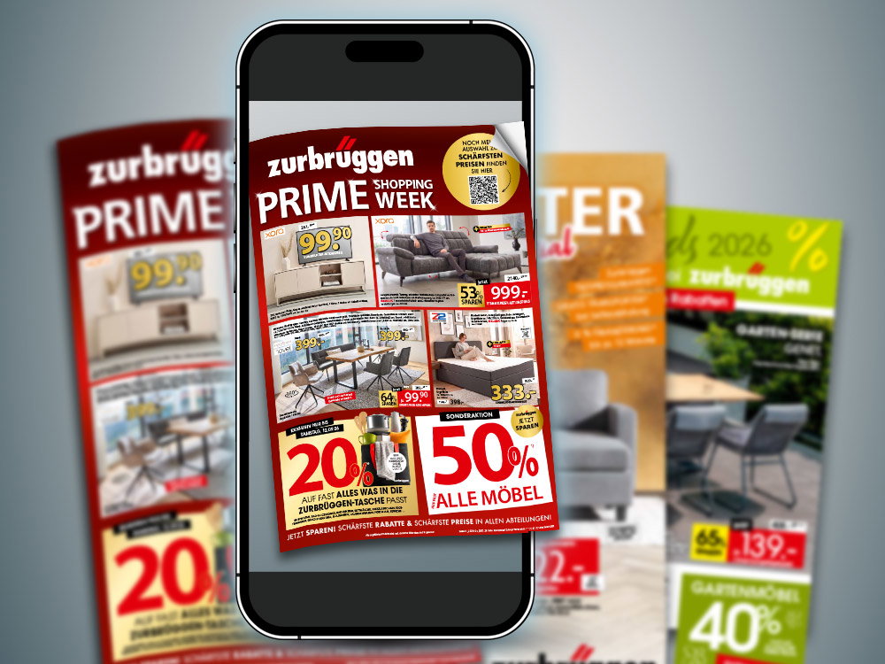 Drei Zurbrüggen-Prospekte mit Angeboten für Möbel und Gartenmöbel vor grauem Hintergrund.
