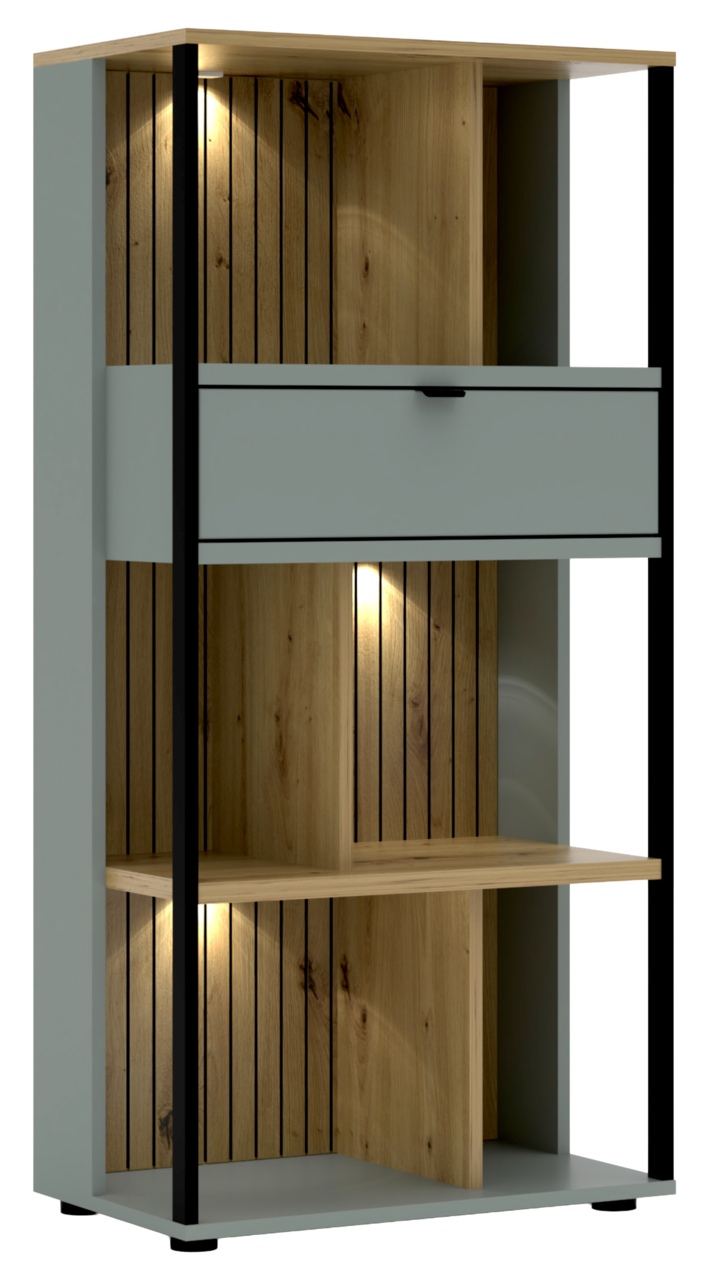 Modernes Büroregal mit Holz- und Metallelementen, beleuchtet, aus frontaler Perspektive.