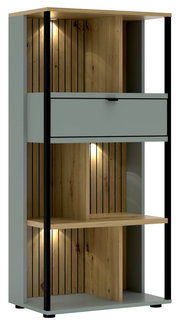 Modernes Büroregal mit Holz- und Metallelementen, beleuchtet, aus frontaler Perspektive.