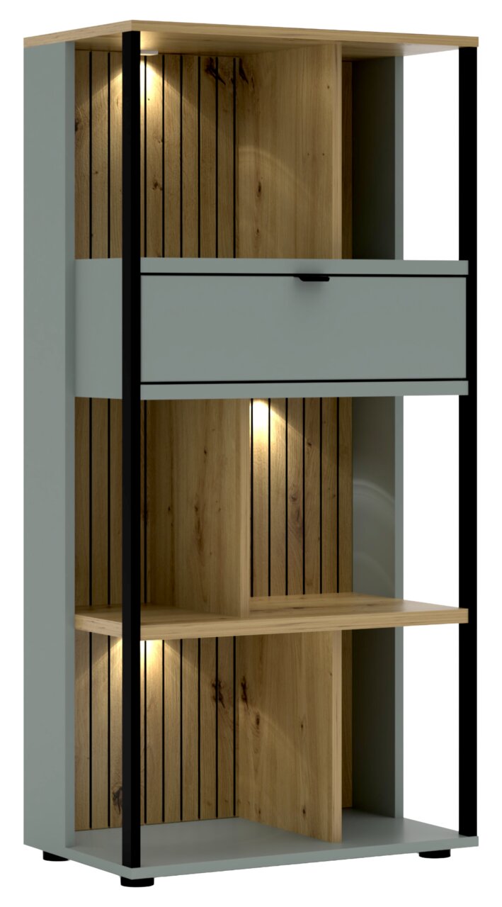 Modernes Büroregal mit Holz- und Metallelementen, beleuchtet, aus frontaler Perspektive.