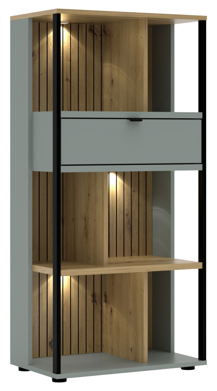 Modernes Büroregal mit Holz- und Metallelementen, beleuchtet, aus frontaler Perspektive.