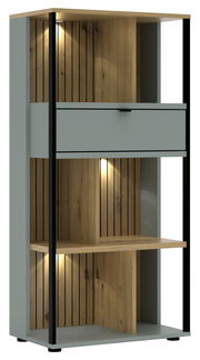 Modernes Büroregal mit Holz- und Metallelementen, beleuchtet, aus frontaler Perspektive.