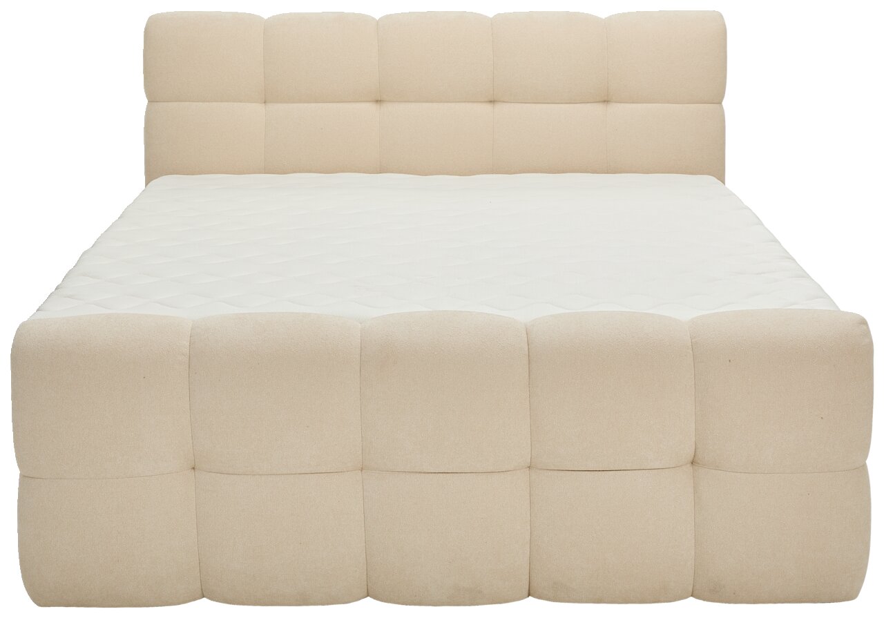 Beiges Boxbett mit gepolstertem Kopfteil, Frontalansicht