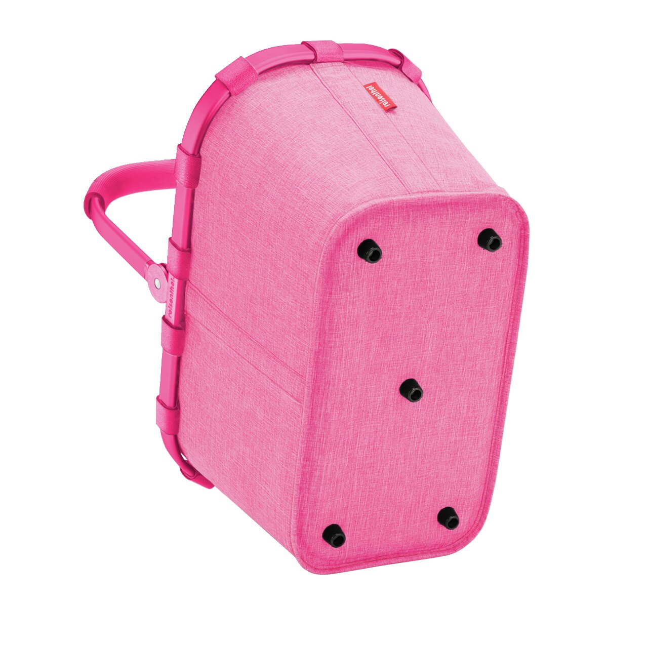 Carrybag in leuchtendem Pink, von unten betrachtet, mit stabilen Standfüßen und einem robusten Griff.