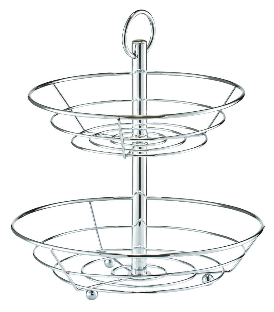 Zweistöckige Obst-Etagere aus Metall, seitliche Perspektive