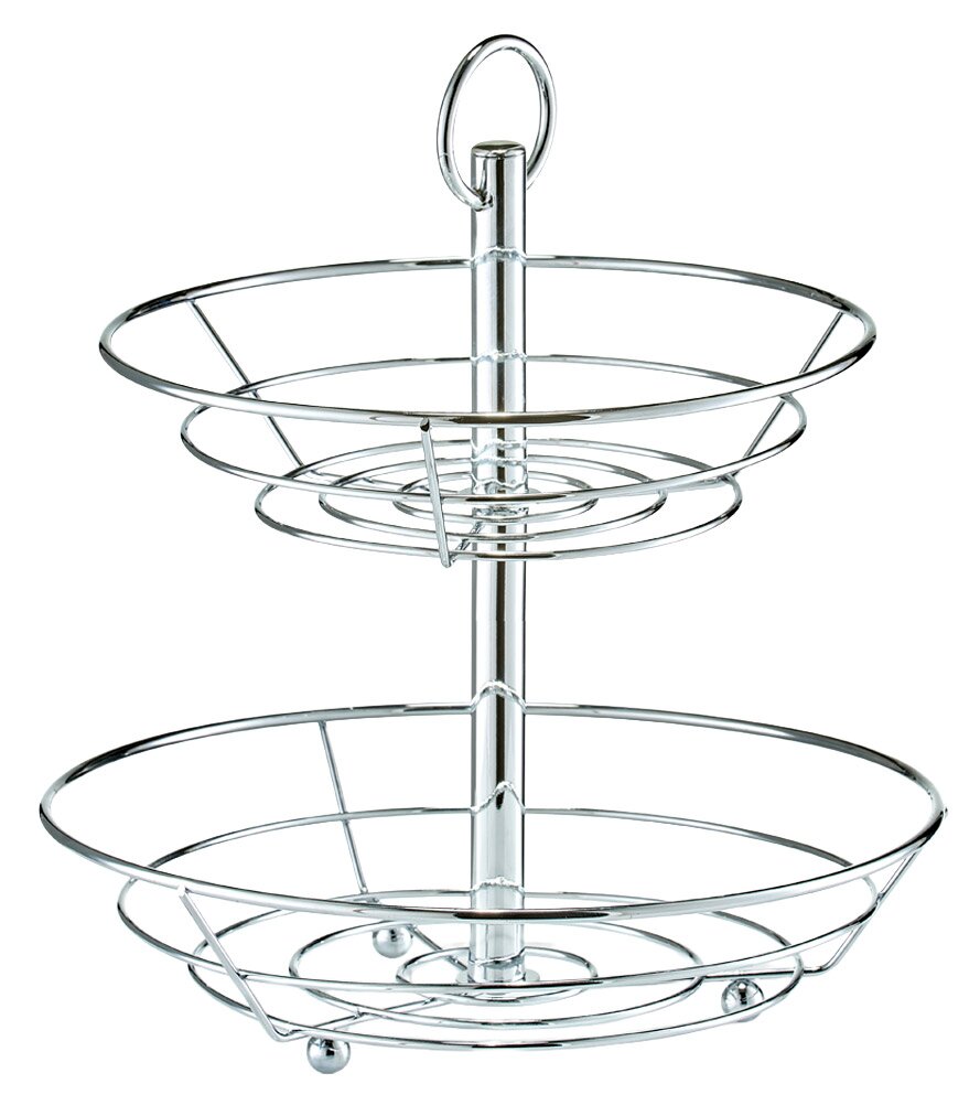 Zweistöckige Obst-Etagere aus Metall, seitliche Perspektive