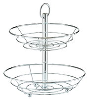 Zweistöckige Obst-Etagere aus Metall, seitliche Perspektive