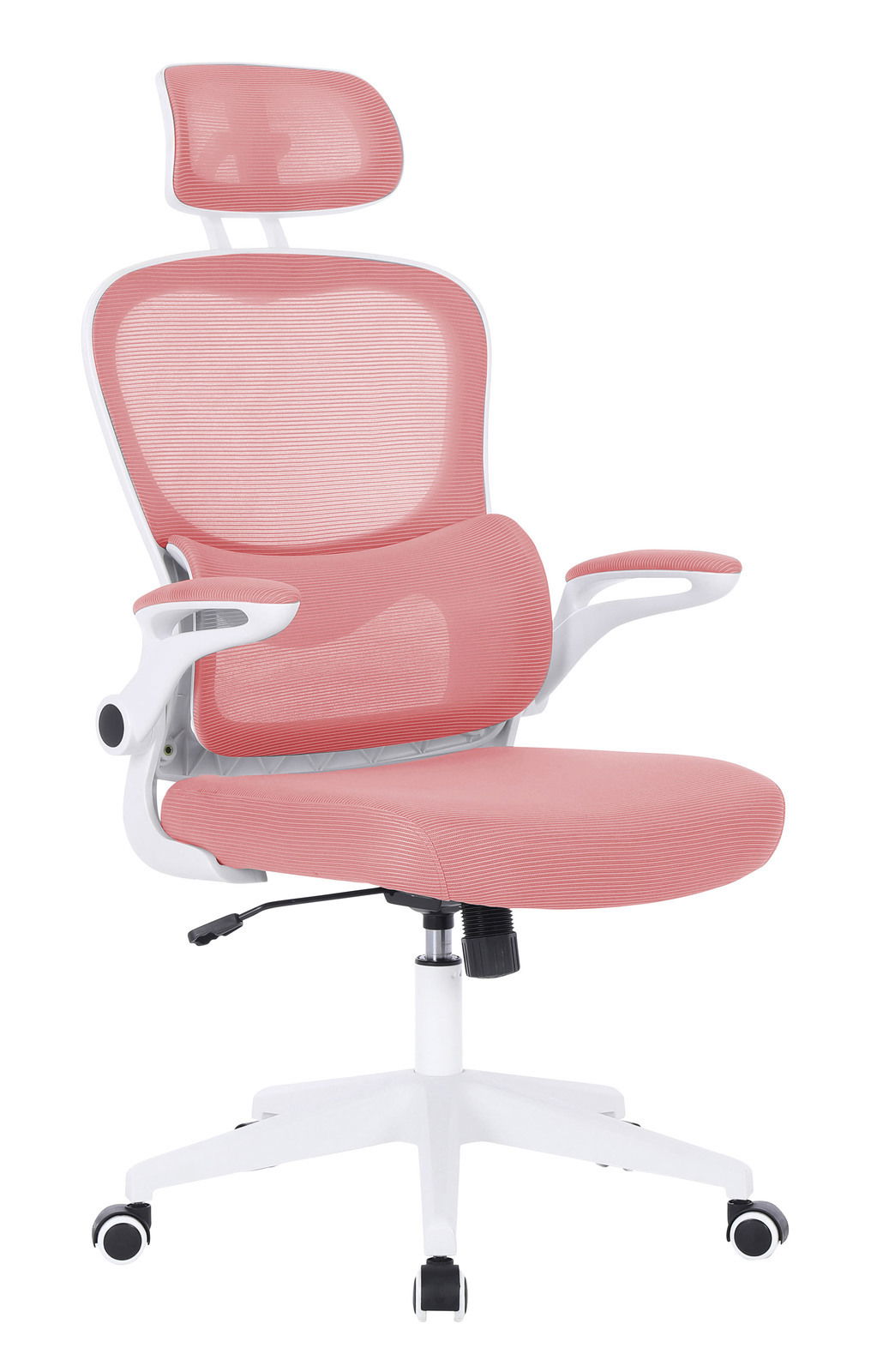 Moderner rosa Drehstuhl mit Kopfstütze und Armlehnen, seitliche Perspektive