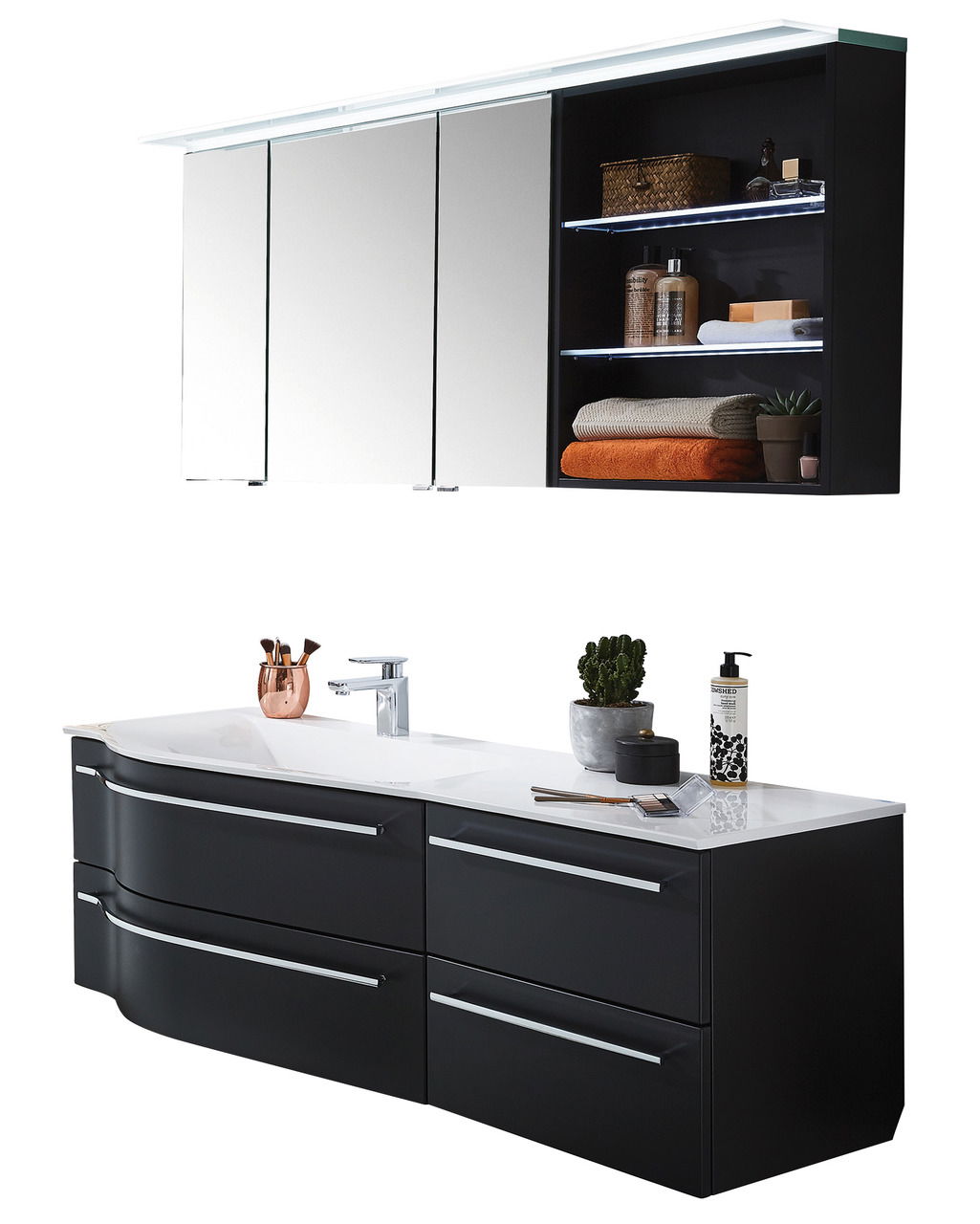 Moderne Badkombination mit schwarzem Unterschrank und Spiegelschrank, seitliche Perspektive