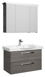 Moderner Badblock mit grauem Holzfinish, bestehend aus einem Waschbeckenunterschrank mit zwei Schubladen und einem Hängeschrank mit drei Türen, frontal abgebildet.