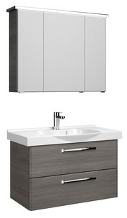 Moderner Badblock mit grauem Holzfinish, bestehend aus einem Waschbeckenunterschrank mit zwei Schubladen und einem Hängeschrank mit drei Türen, frontal abgebildet.