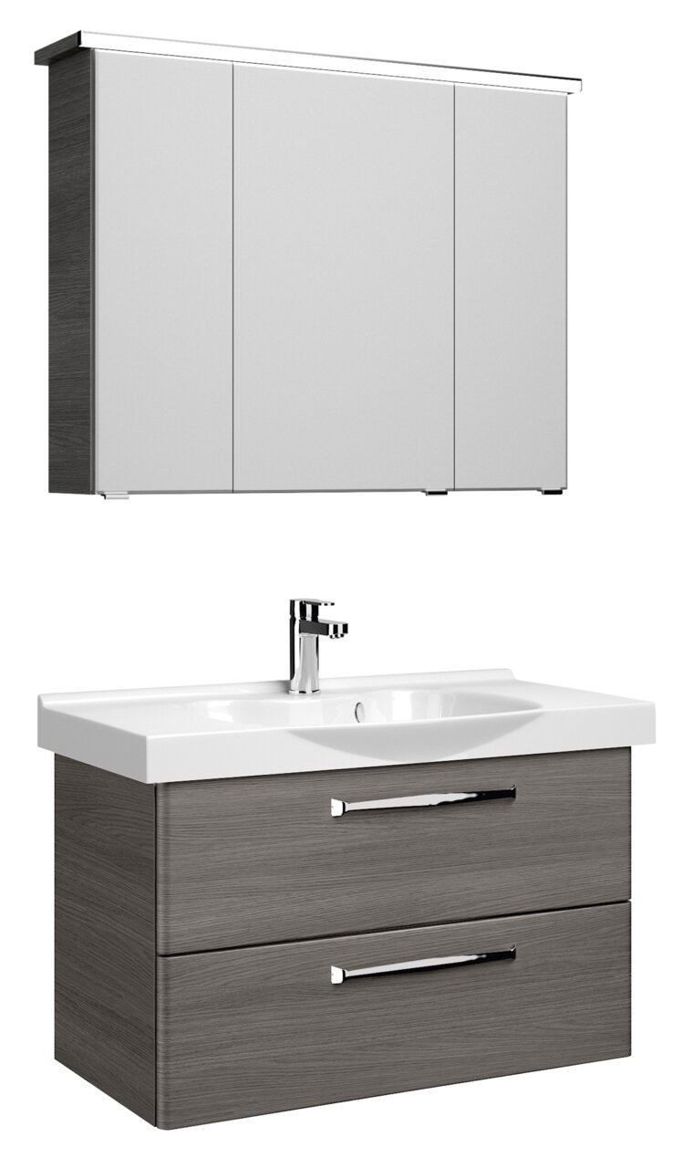 Moderner Badblock mit grauem Holzfinish, bestehend aus einem Waschbeckenunterschrank mit zwei Schubladen und einem Hängeschrank mit drei Türen, frontal abgebildet.