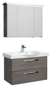 Moderner Badblock mit grauem Holzfinish, bestehend aus einem Waschbeckenunterschrank mit zwei Schubladen und einem Hängeschrank mit drei Türen, frontal abgebildet.