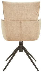 Rückansicht eines beigen Armlehnstuhls mit schwarzem Metallgestell und vier Beinen.