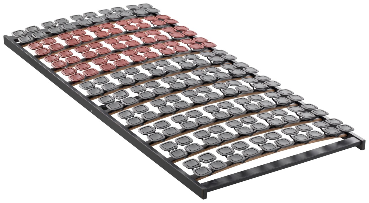 Federholzrahmen Flex S in seitlicher Perspektive mit roten und grauen Federungen.