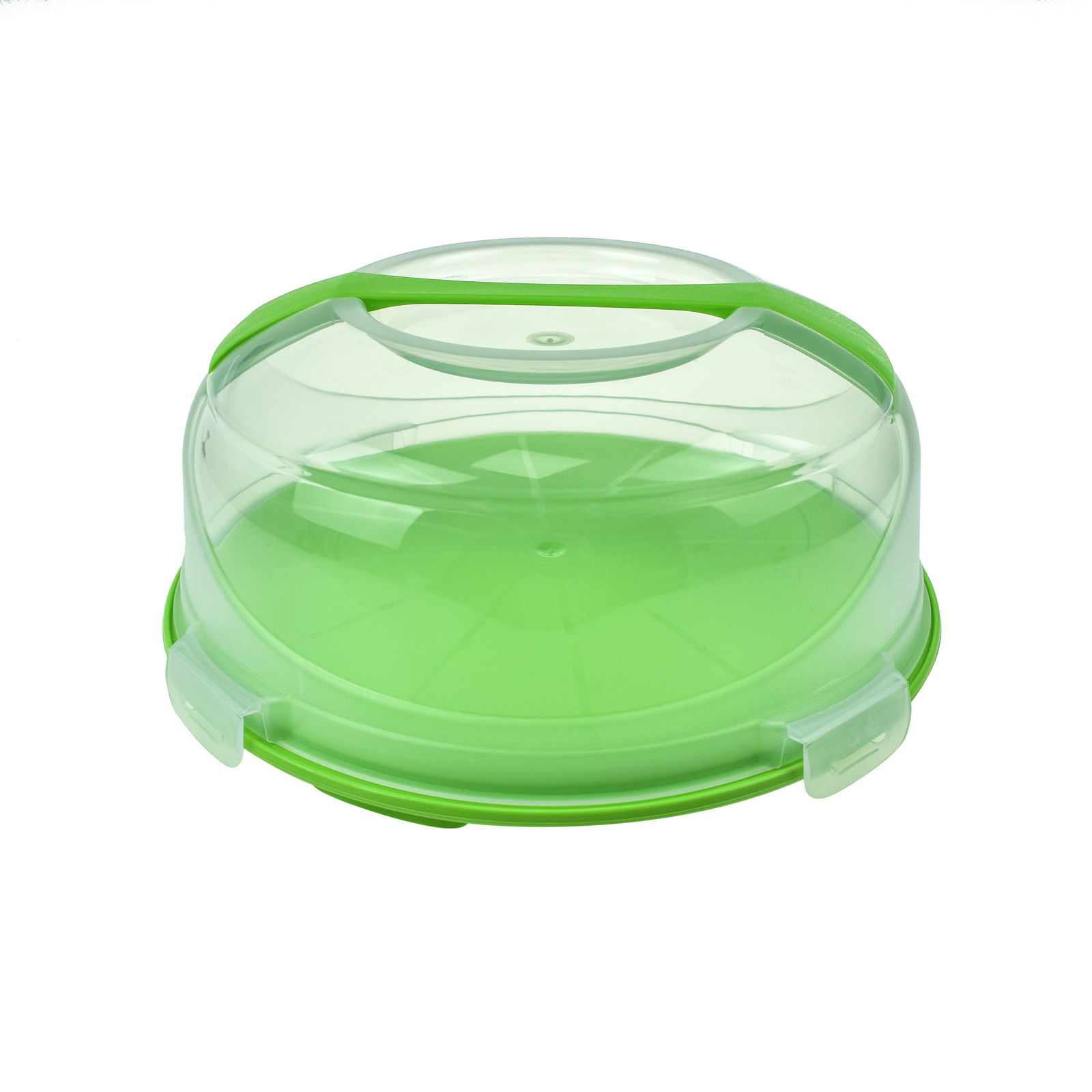 Grüne Kuchentransportbox mit transparentem Deckel, Ansicht von schräg oben.