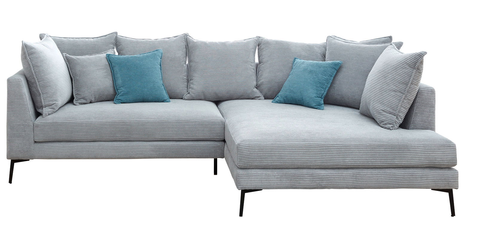 Graue Eckgarnitur mit blauen Kissen, Vorderansicht