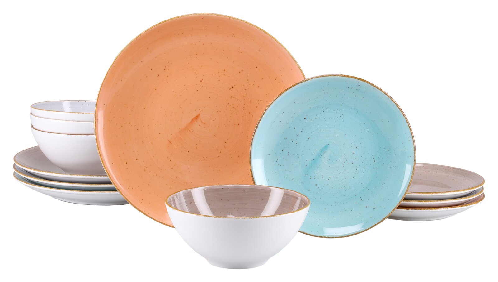 Creatable Tellerset 12-tlg VINTAGE NATURE Mehrteiliges Keramik-Geschirrset mit großen Tellern in Orange und Hellblau sowie weißen Schalen und kleinen Tellern mit goldfarbenem Rand, schräg von vorn fotografiert