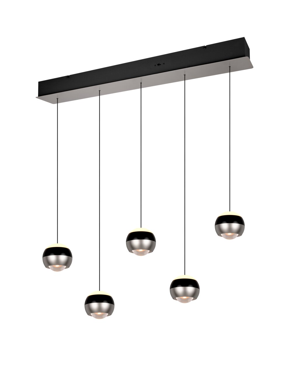 TRIO SELECT Pendelleuchte ORBIT Moderne Pendelleuchte mit fünf kugelförmigen Lampenschirmen, hängend an einem rechteckigen Deckenbalken, seitliche Perspektive.