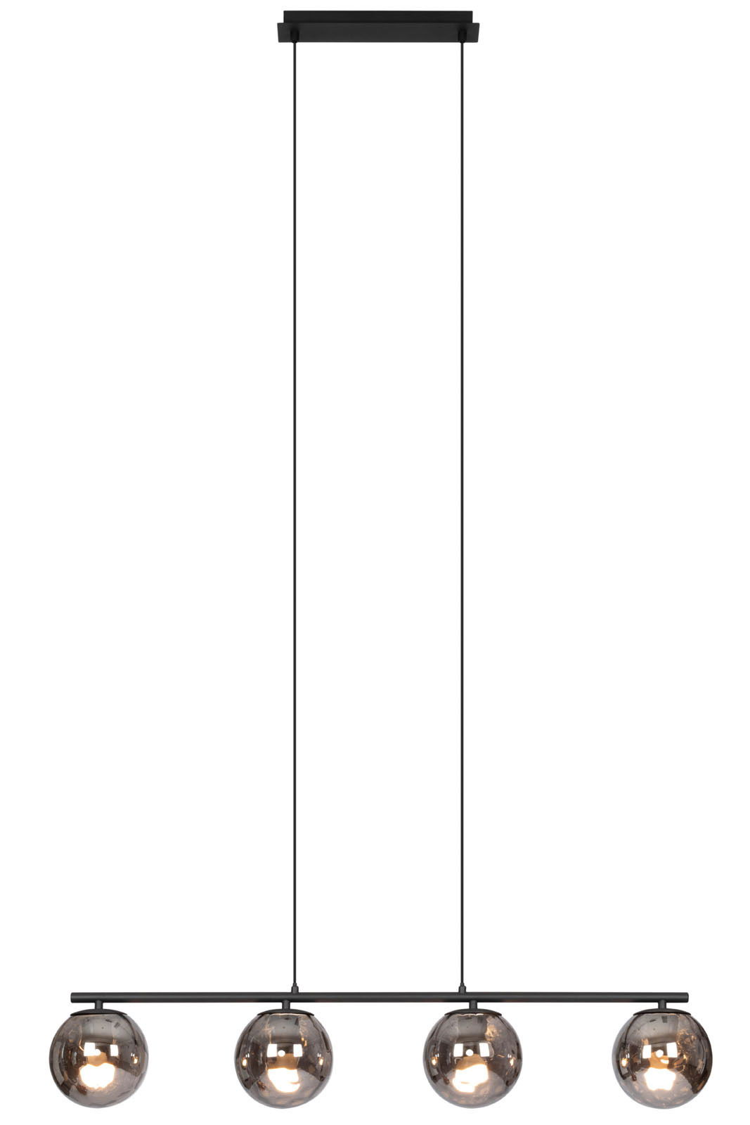 Moderne Hängeleuchte mit vier kugelförmigen, rauchgrauen Glaskugeln, Ansicht von vorne