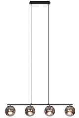 Moderne Hängeleuchte mit vier kugelförmigen, rauchgrauen Glaskugeln, Ansicht von vorne