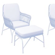 Relaxsessel Set mit beigem Geflecht und weißen Kissen, bestehend aus einem Sessel und einem Hocker, seitliche Perspektive