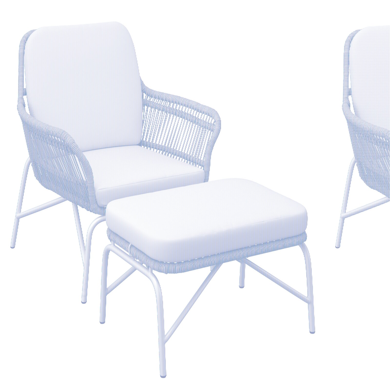 Relaxsessel Set mit beigem Geflecht und weißen Kissen, bestehend aus einem Sessel und einem Hocker, seitliche Perspektive