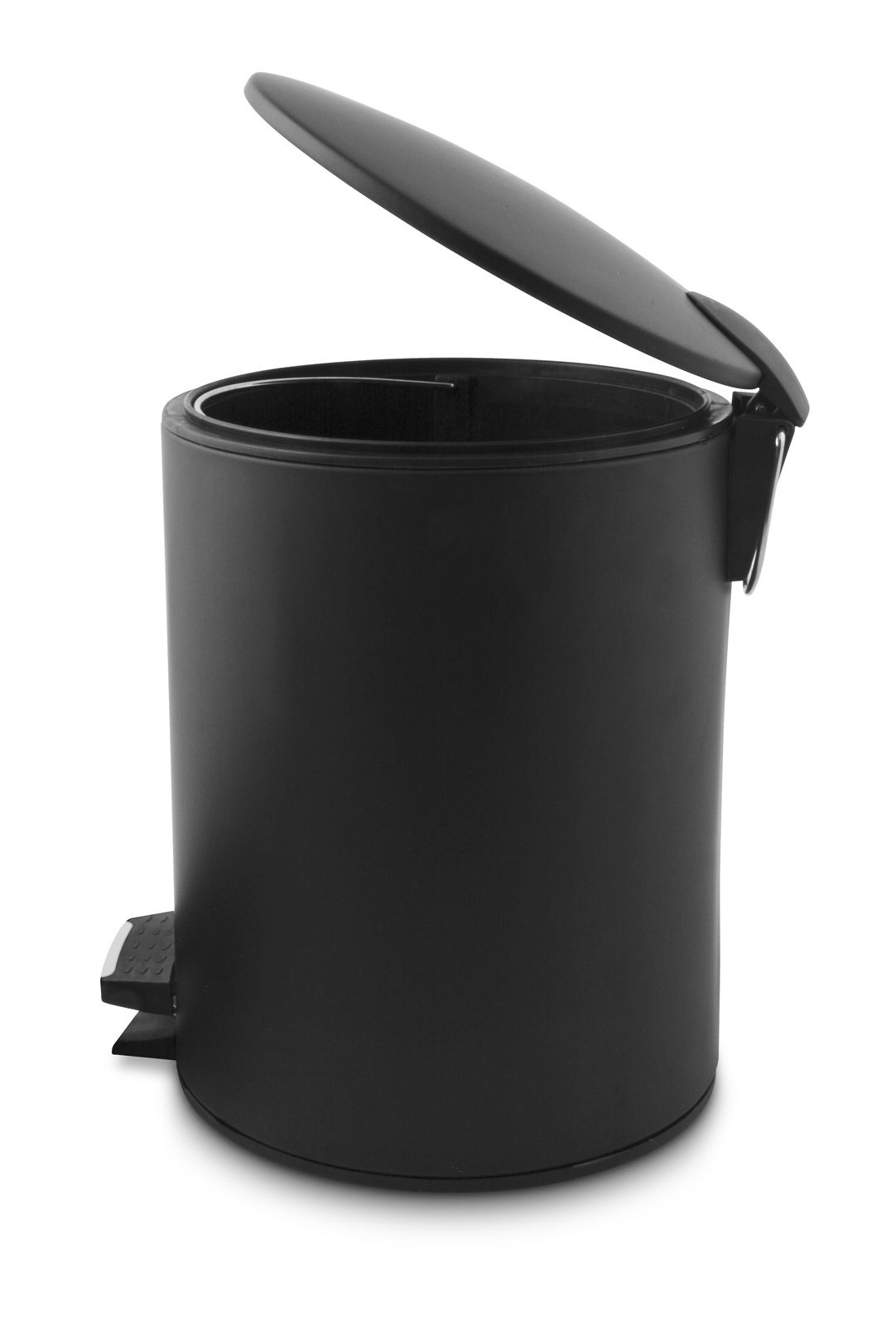 Day Treteimer 3l Schwarzer Treteimer mit einem Fassungsvermögen von 3 Litern, geöffnet, seitliche Perspektive