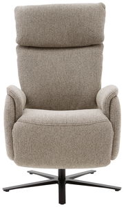 Frontansicht eines beigen Fernsehsessels mit hohem Rücken und schwarzem Drehfuß.