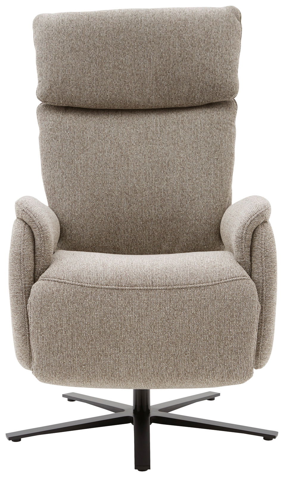 Frontansicht eines beigen Fernsehsessels mit hohem Rücken und schwarzem Drehfuß.