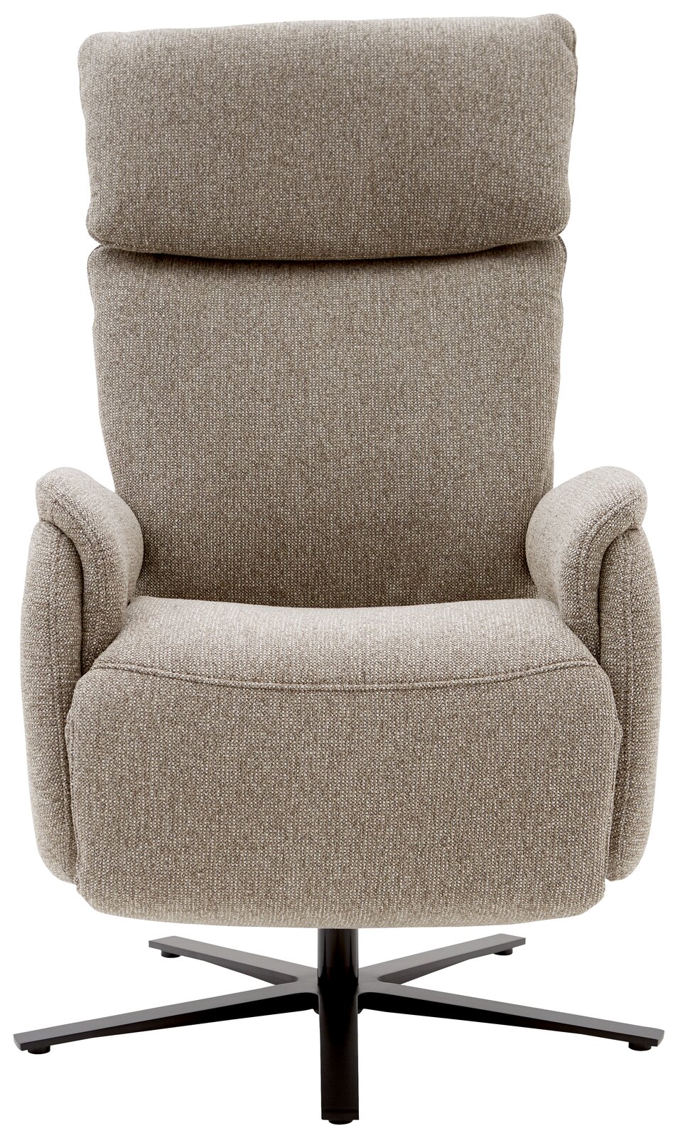 Frontansicht eines beigen Fernsehsessels mit hohem Rücken und schwarzem Drehfuß.