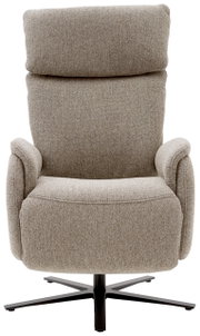 Vooraanzicht van een beige tv-fauteuil met hoge rugleuning en een zwart draaivoet.