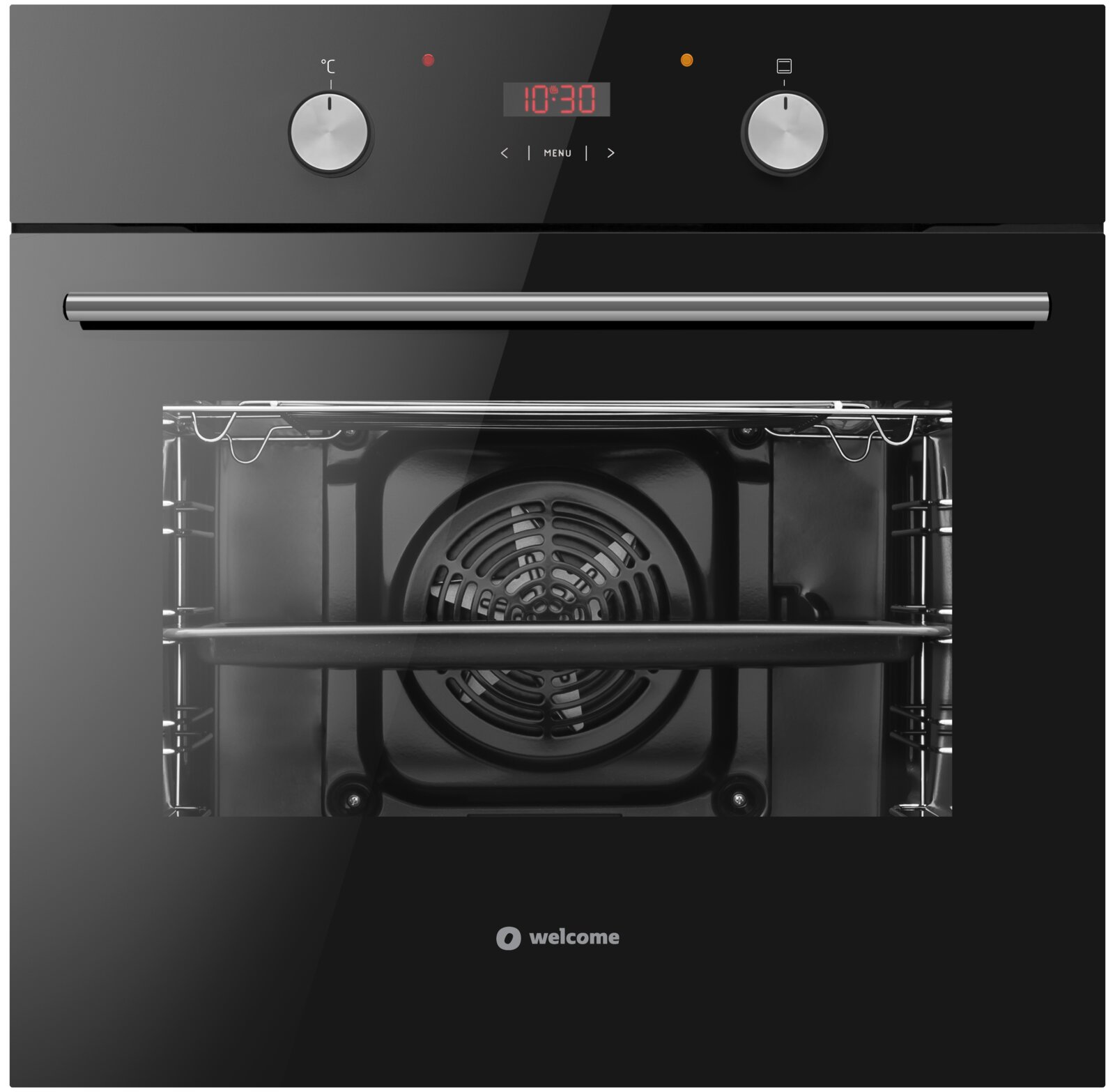 Zwarte inbouwoven met glazen front, twee zilverkleurige draaiknoppen en rood digitaal display, deur open met zicht op ovenruimte en ventilator (frontaanzicht)
