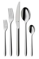 Besteckset Flame Plus 30-tlg. aus Edelstahl, bestehend aus Gabel, Messer, Esslöffel, Dessertgabel und Teelöffel, frontal abgebildet.