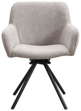 Moderner Armlehnstuhl mit grauem Stoffbezug und schwarzen Metallbeinen, Frontalansicht.