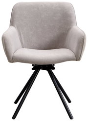 Moderner Armlehnstuhl mit grauem Stoffbezug und schwarzen Metallbeinen, Frontalansicht.